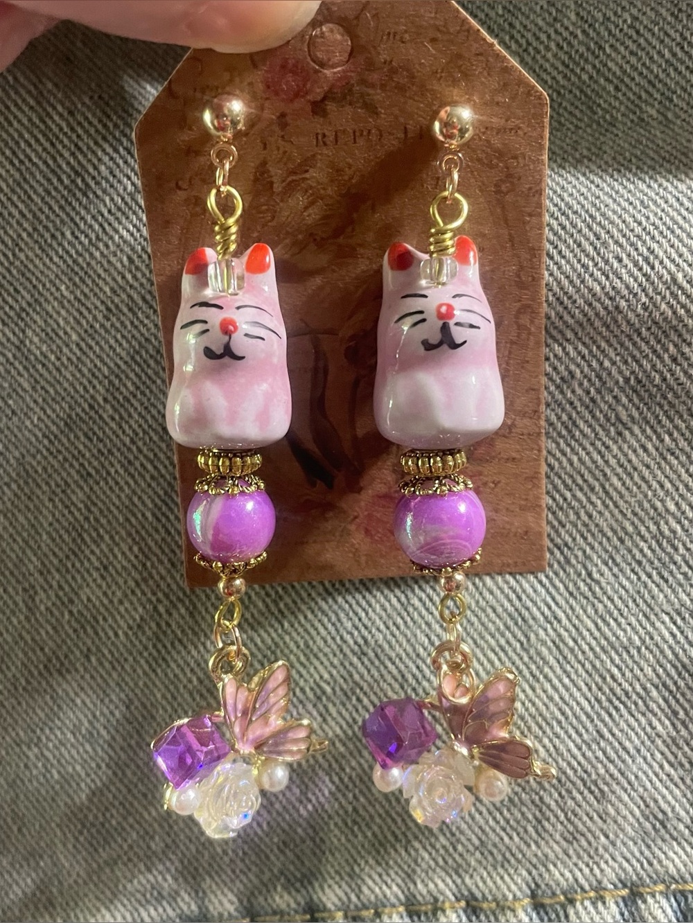 Handcrafted Pink Purple Bunny Dangle Earrings - Cute Butterfly Charm